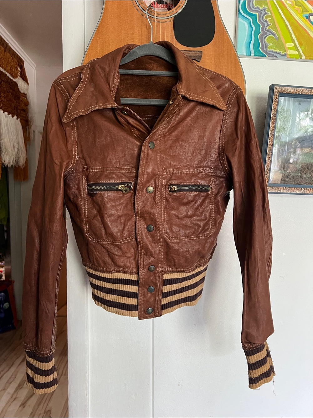 Brown Reversible Leather Suede Bomber Jacket Striped Knit Trim Woman Size Small - Picture 10 of 12